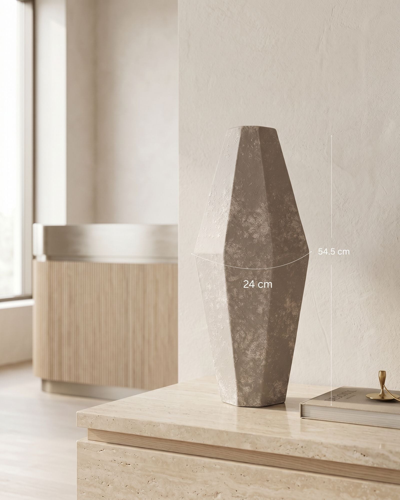Decorative stone vase on a light wooden surface with dimensions indicated
