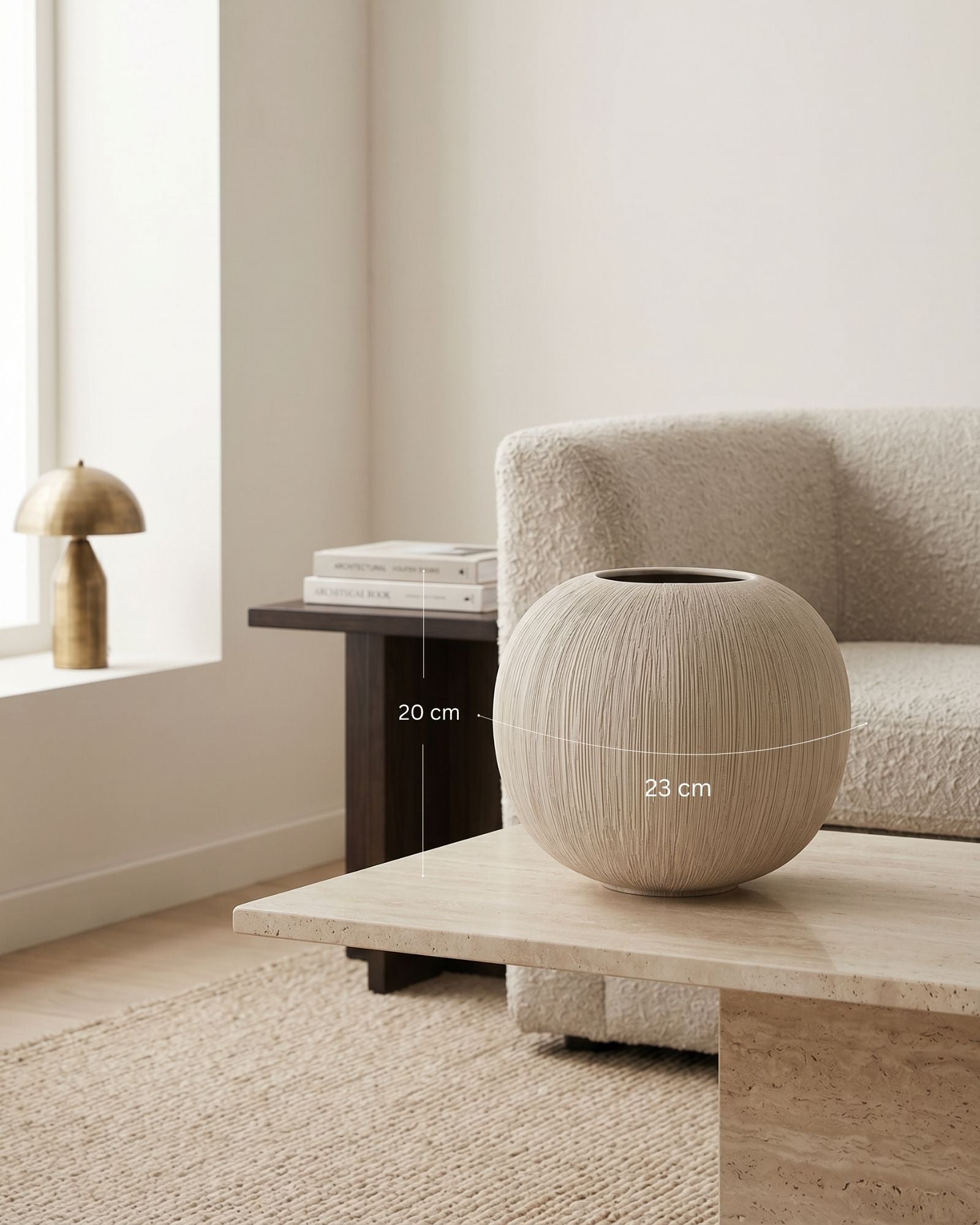 Beige textured vase on a wooden table with dimensions indicated, in a minimalistic room setting.